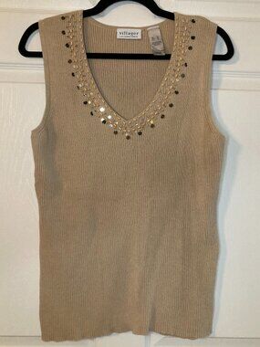Villager Women's Beige Ribbed V-Neck Tank Top - Beaded/Sequin Neckline - Size XL